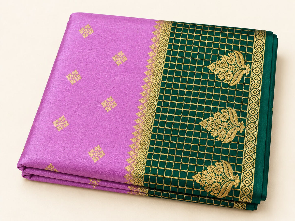 Lilac & Bottle Green Two-Tone Zari Saree – border and motif detail