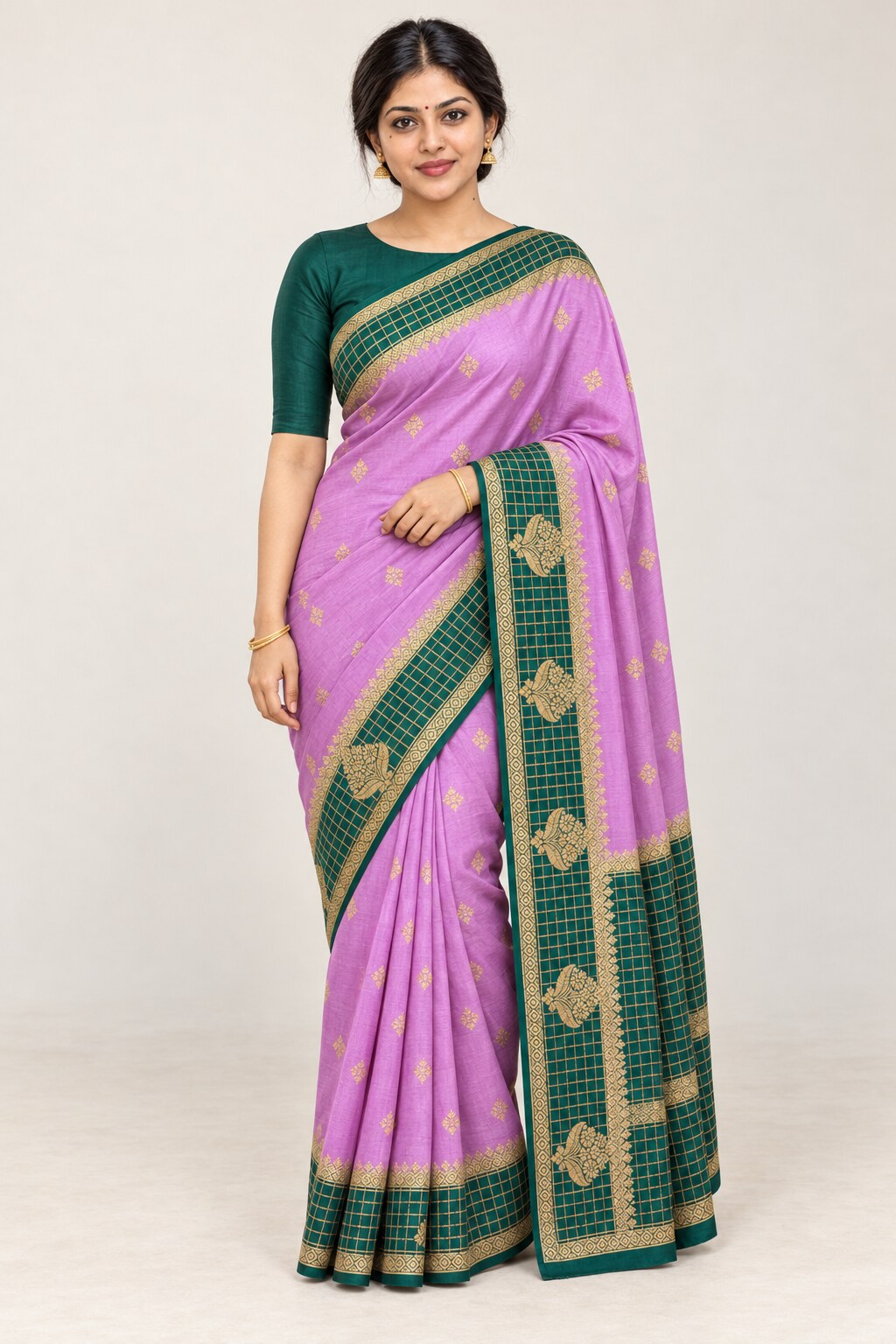 Lilac & Bottle Green Two-Tone Zari Saree – worn