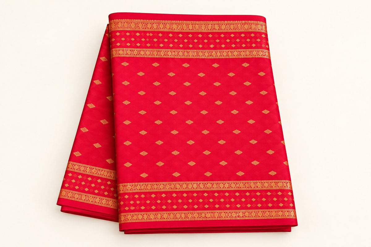 Crimson Red Diamond Butti Saree – border and motif detail