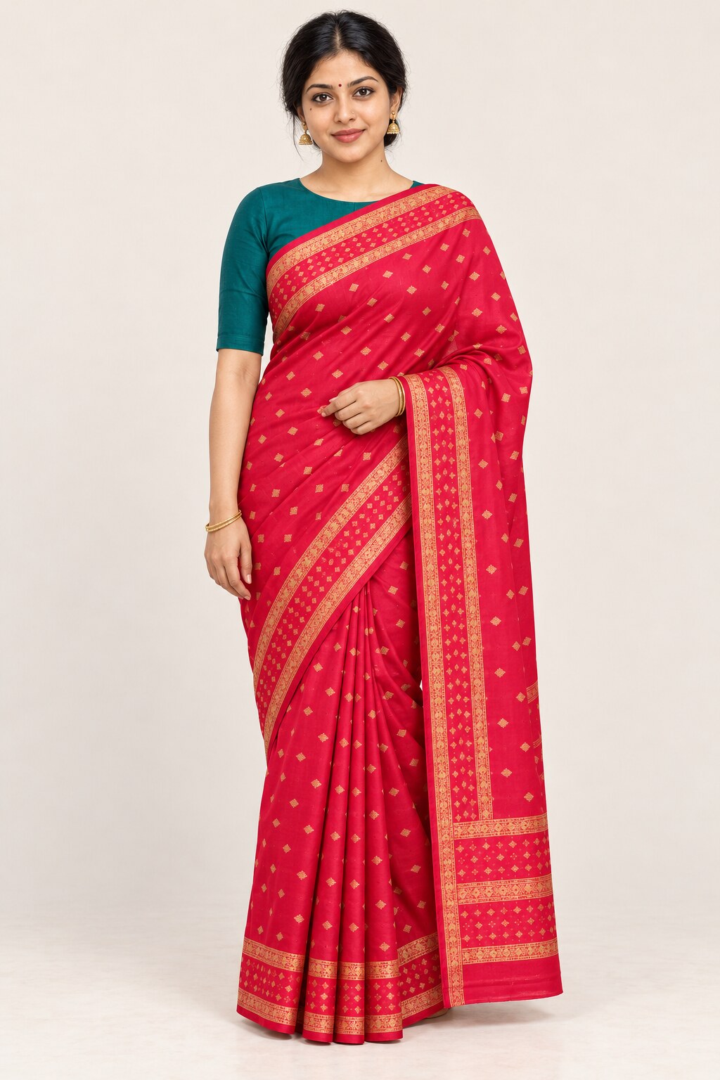 Crimson Red Diamond Butti Saree – worn