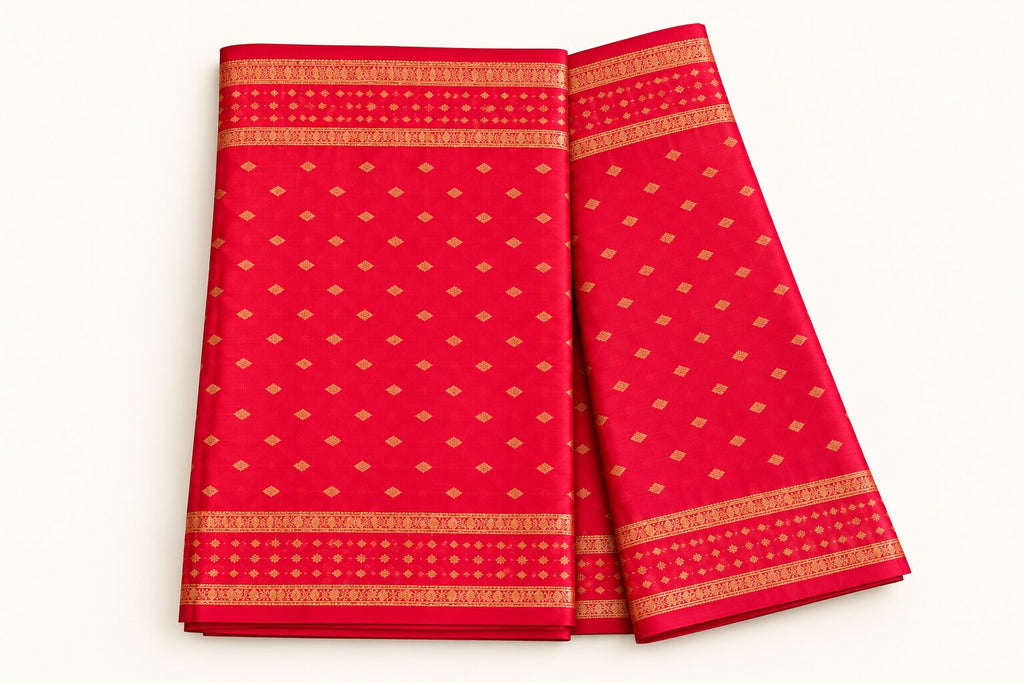 Crimson Red Diamond Butti Saree – full view