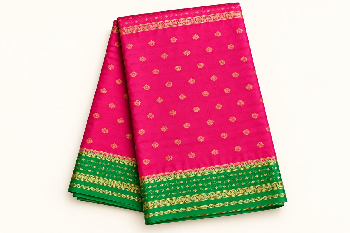 Magenta Pink Saree with Emerald Green Border – full view