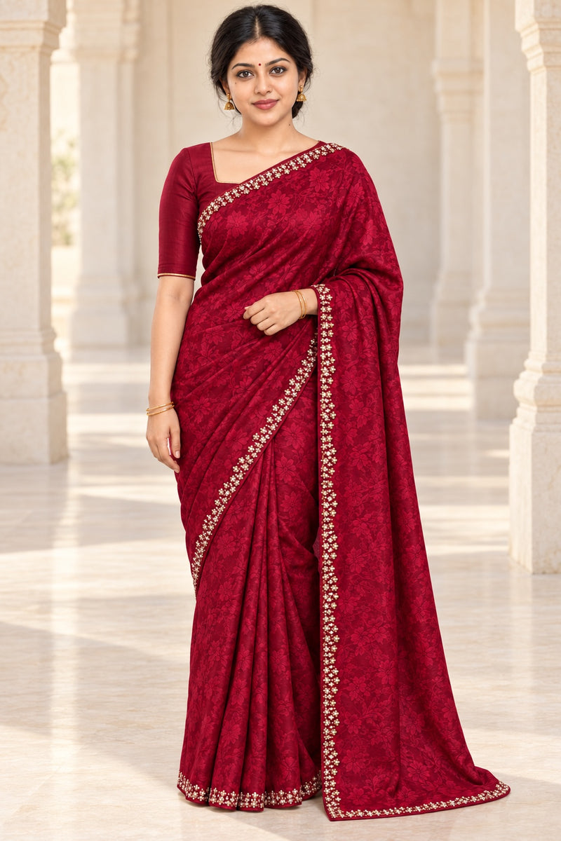 Maroon Floral Jacquard Saree with Pearl Edge – styled model photo
