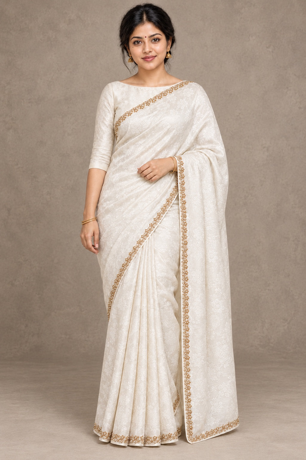 Ivory Floral Jacquard Saree with Gold Beaded Edge – styled model photo