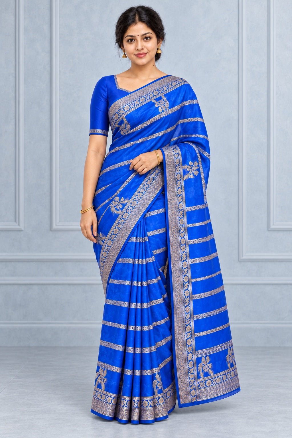 Royal Blue Saree with Silver & Gold Woven Border – styled model photo