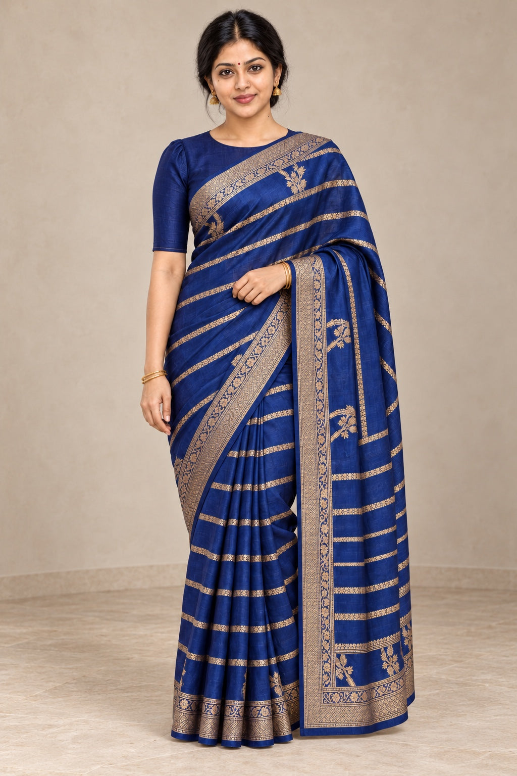 Navy Saree with Gold Woven Border – styled model photo