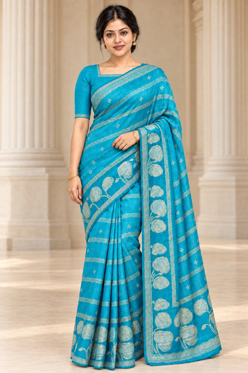 Aqua Khaddi Saree with Floral Lily Border – styled model photo
