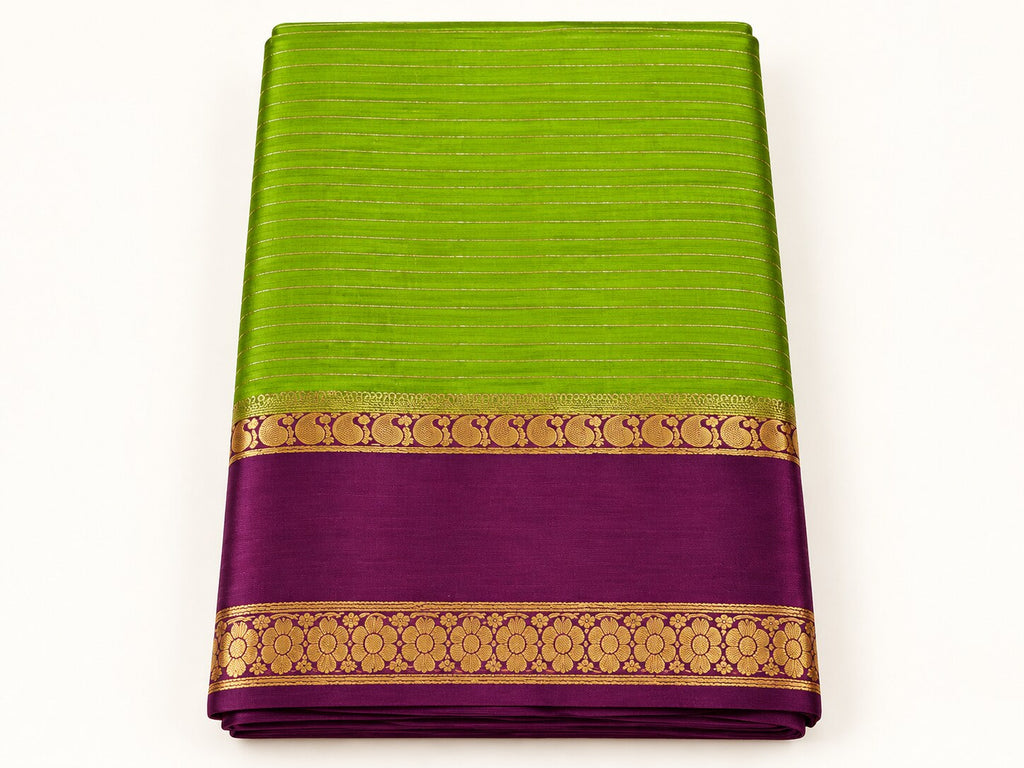 Parrot Green Zari Stripe Saree with Wine Border – border and motif detail