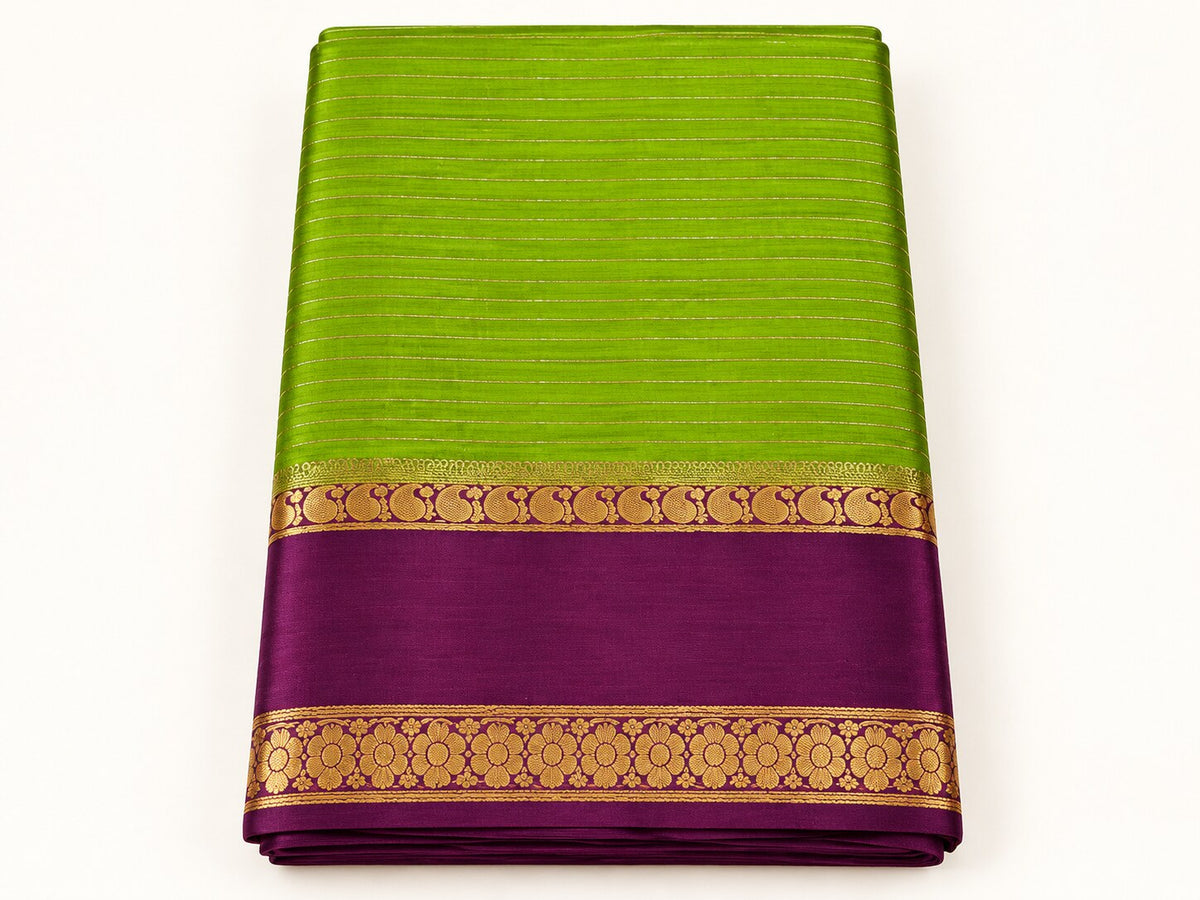 Parrot Green Zari Stripe Saree with Wine Border – border and motif detail