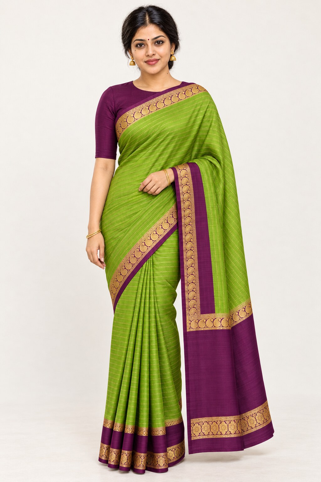 Parrot Green Zari Stripe Saree with Wine Border – worn