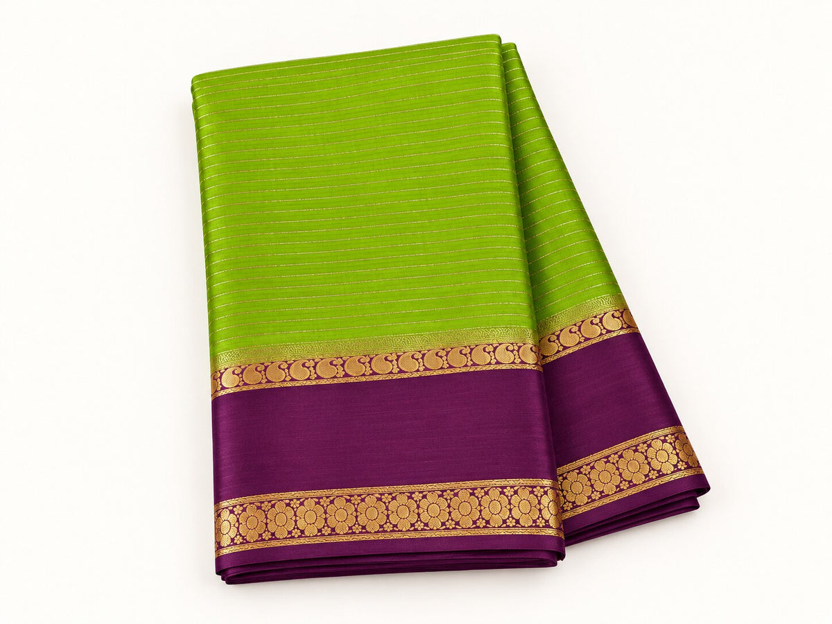 Parrot Green Zari Stripe Saree with Wine Border – full view