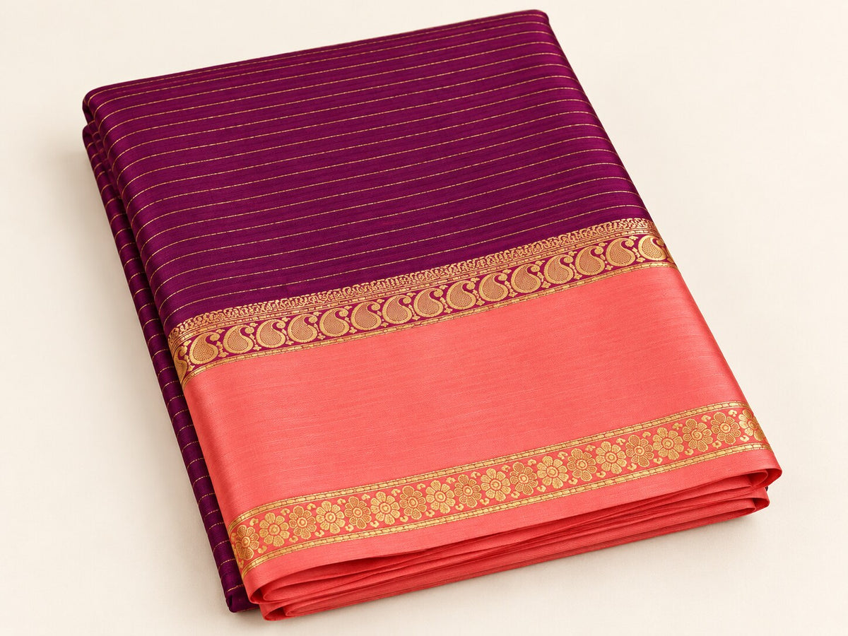 Plum Purple Zari Stripe Saree with Coral Peach Border – border and motif detail