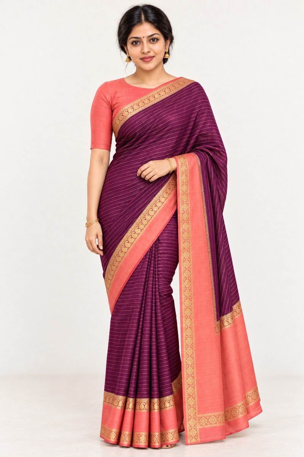 Plum Purple Zari Stripe Saree with Coral Peach Border – worn