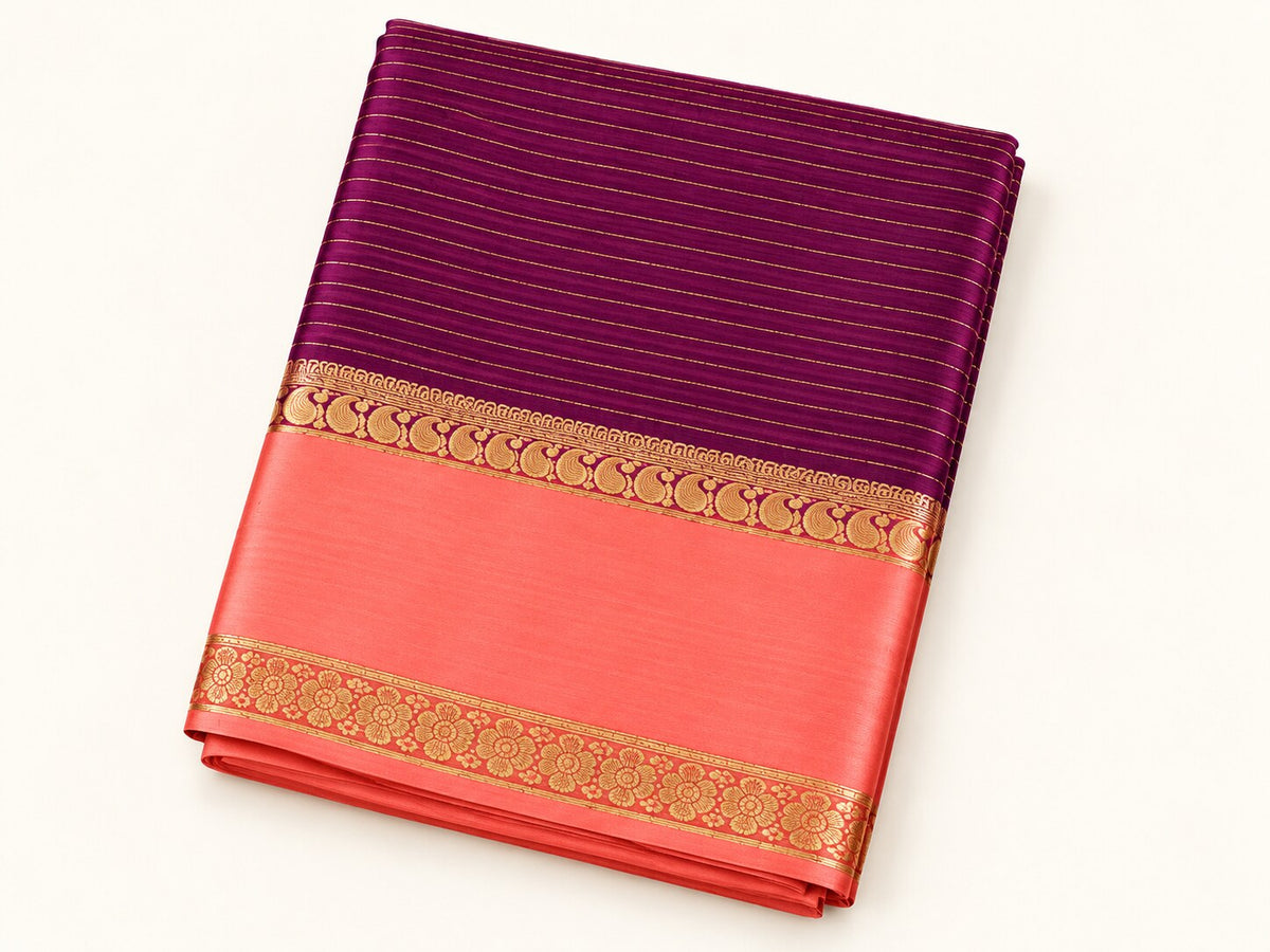 Plum Purple Zari Stripe Saree with Coral Peach Border – full view