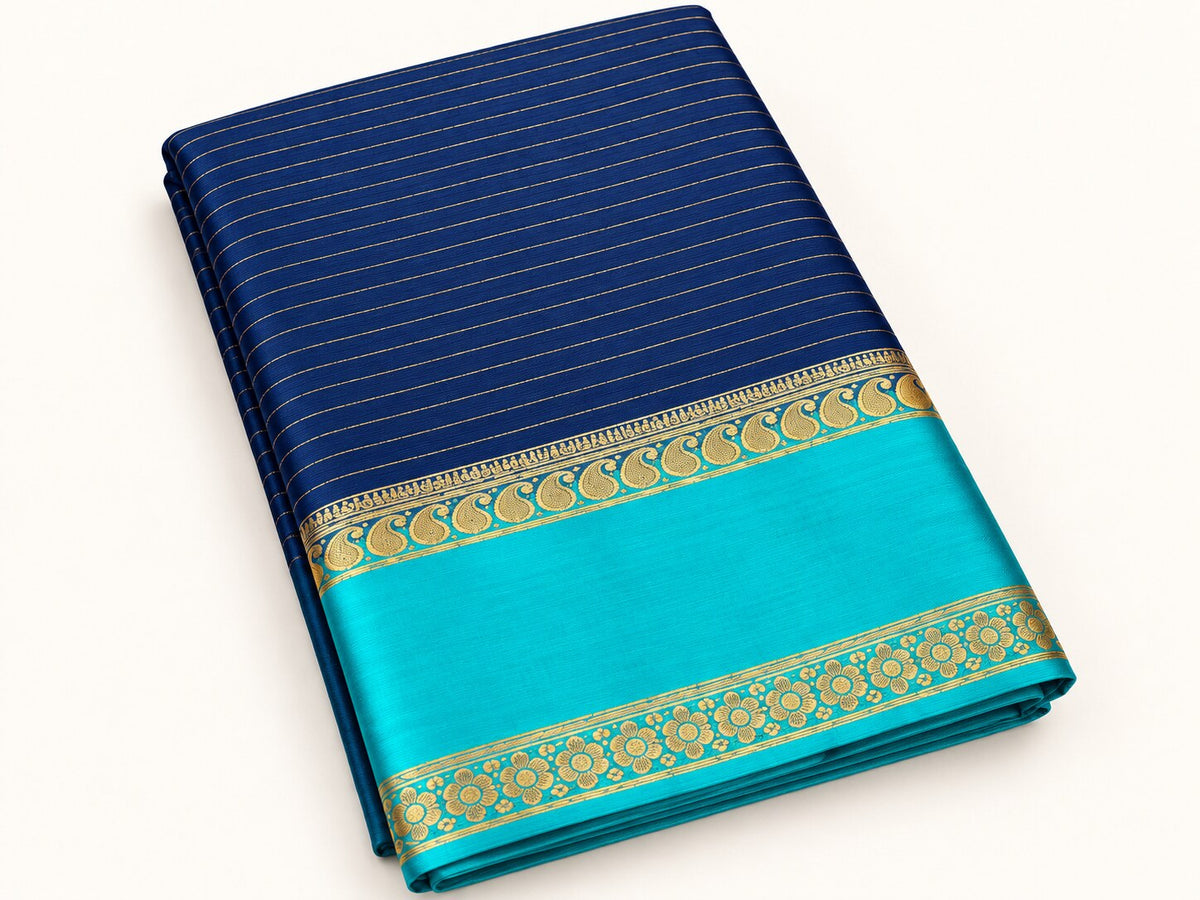 Navy Blue Zari Stripe Saree with Turquoise Border – border and motif detail