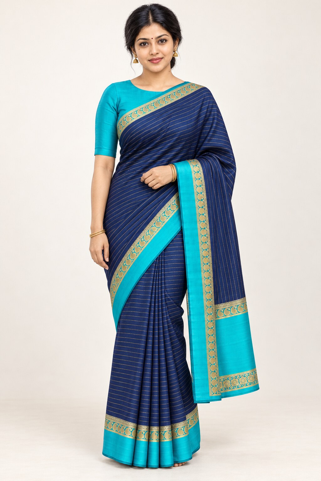 Navy Blue Zari Stripe Saree with Turquoise Border – worn