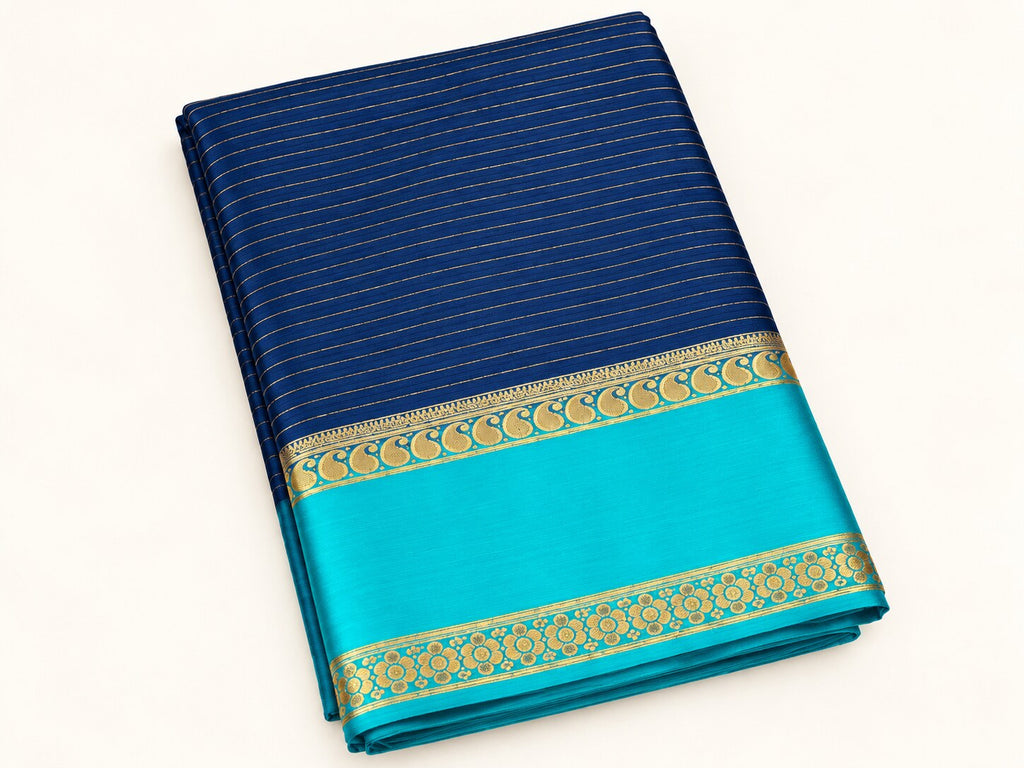 Navy Blue Zari Stripe Saree with Turquoise Border – full view