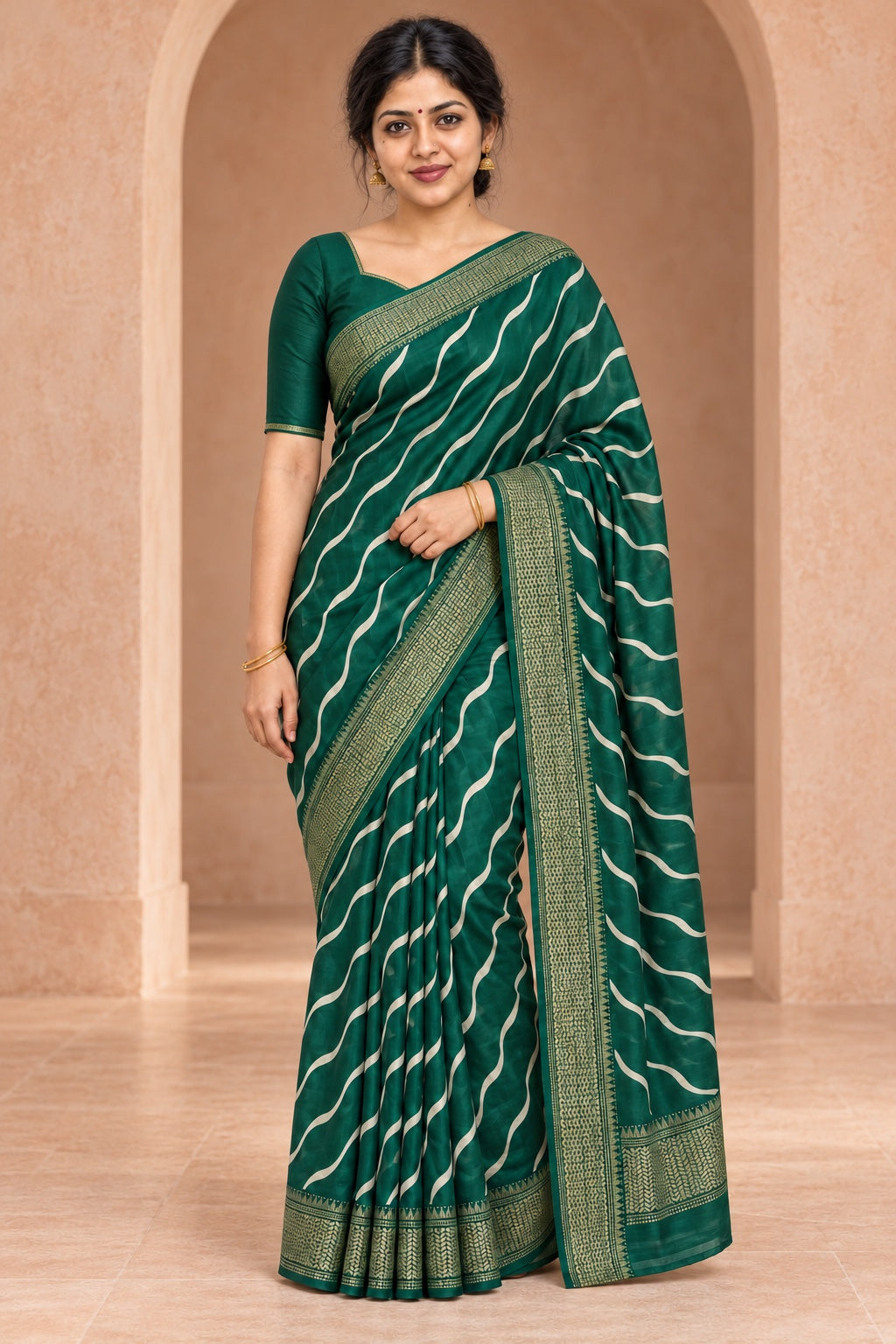 Dark Green Wave-Line Saree – styled model photo