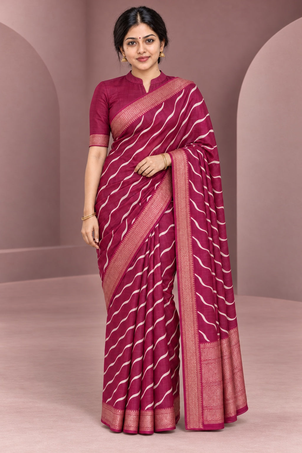 Wine Magenta Wave-Line Saree with Pink Border – styled model photo