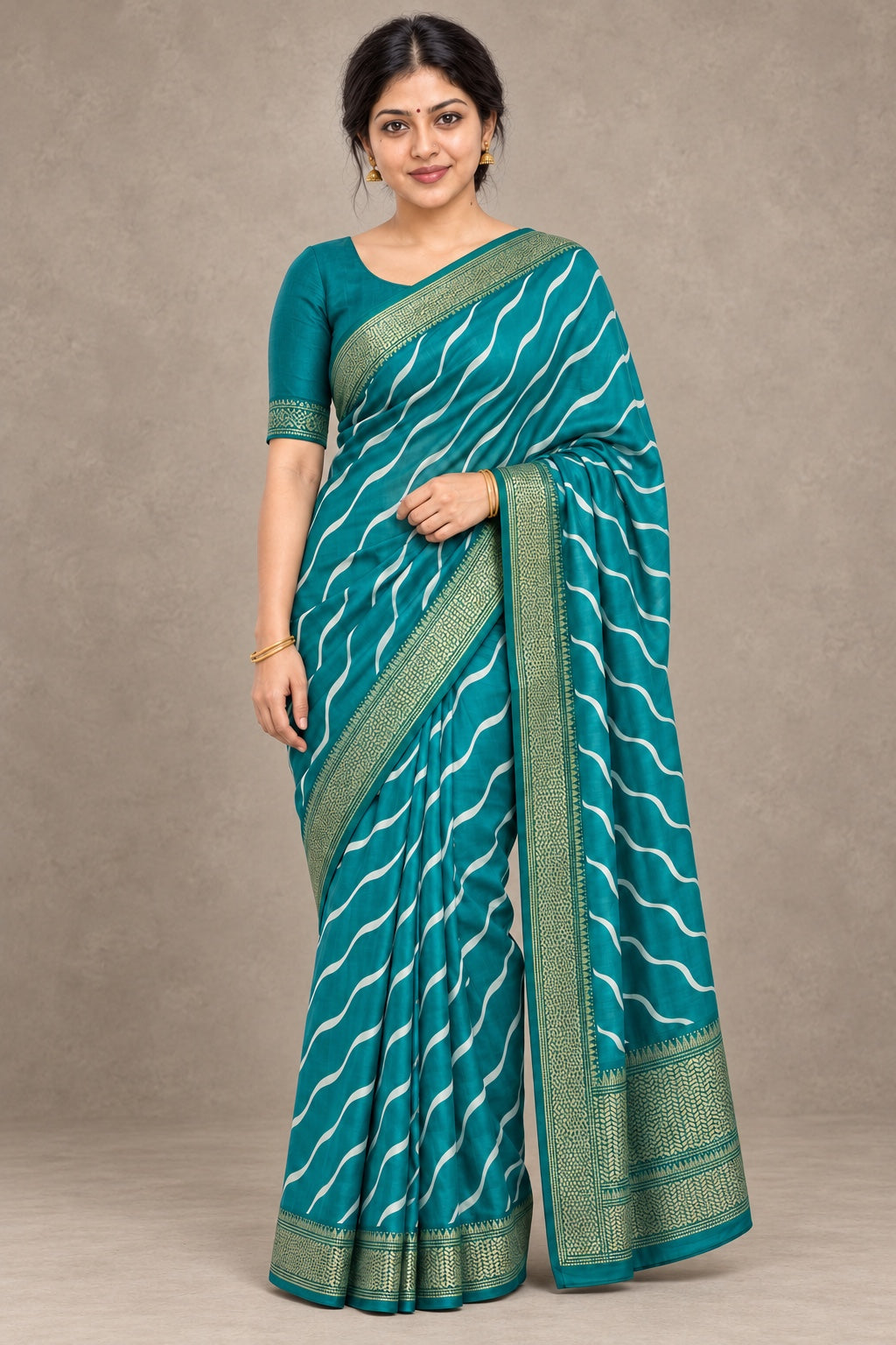 Teal Wave-Line Saree with Green Border – styled model photo