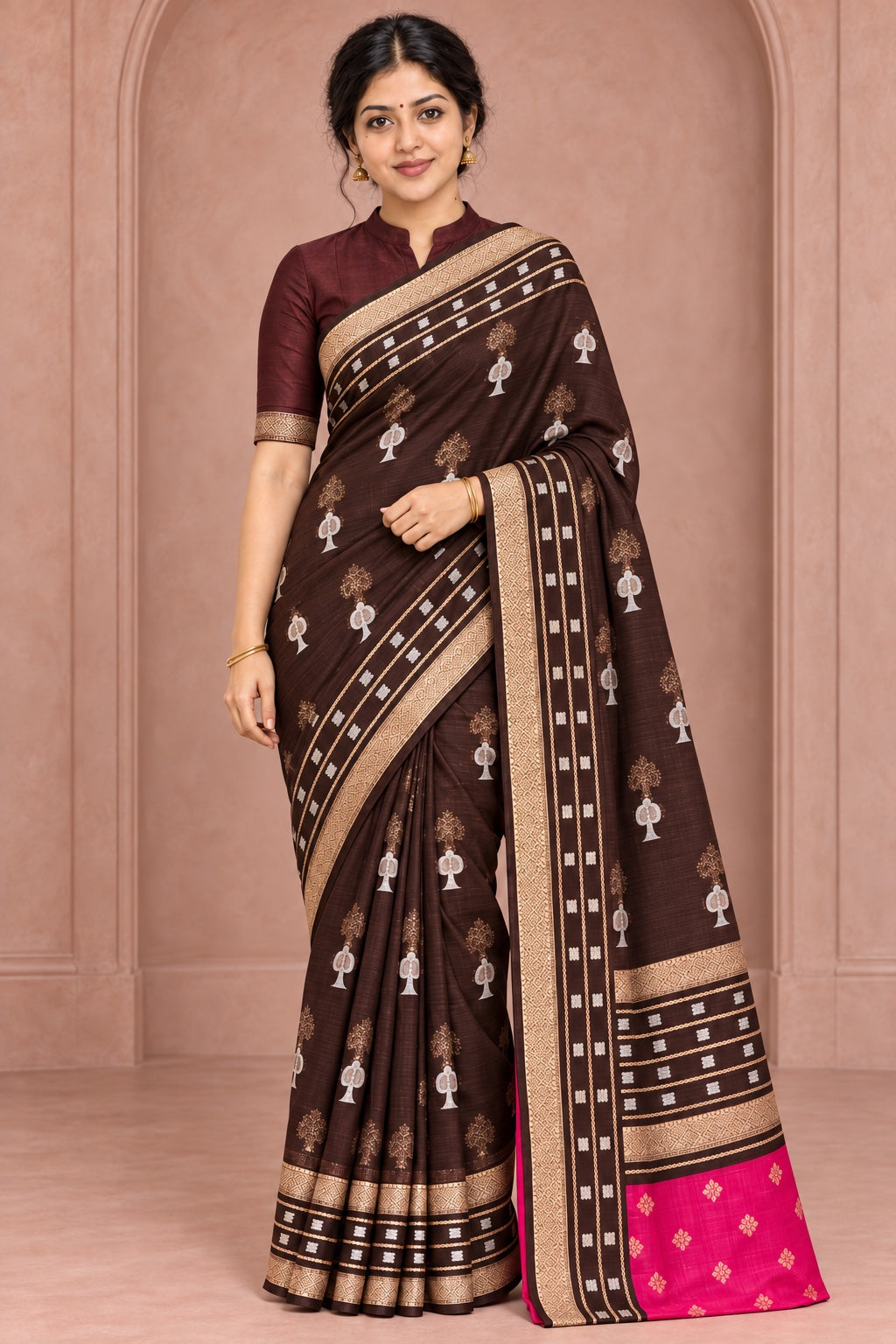 Deep Maroon Saree with Silver-Gold Tree Motifs – corrected styled model photo