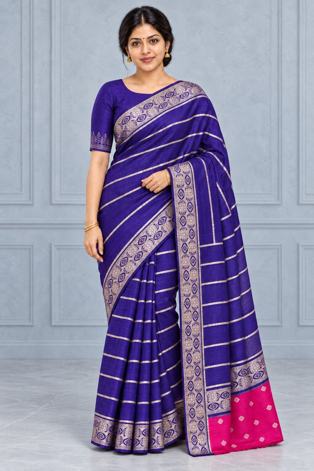 Royal Purple Saree with Silver Floral Border – styled model photo