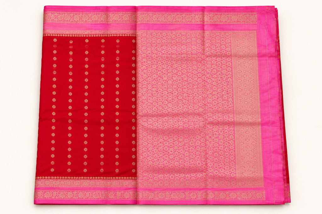 Red Saree with Rani Pink Zari Jaal Pallu – border and motif detail