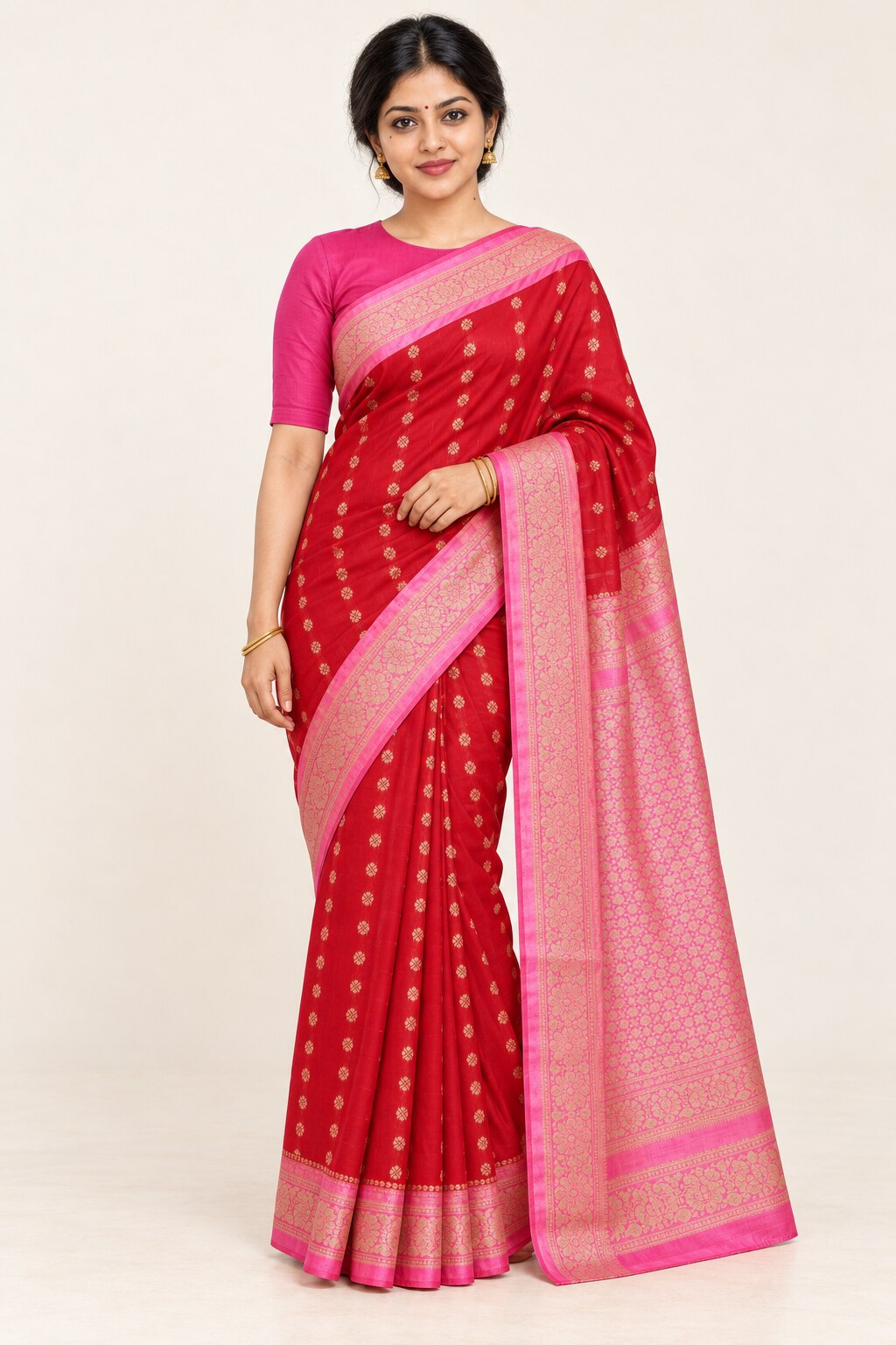 Red Saree with Rani Pink Zari Jaal Pallu – worn