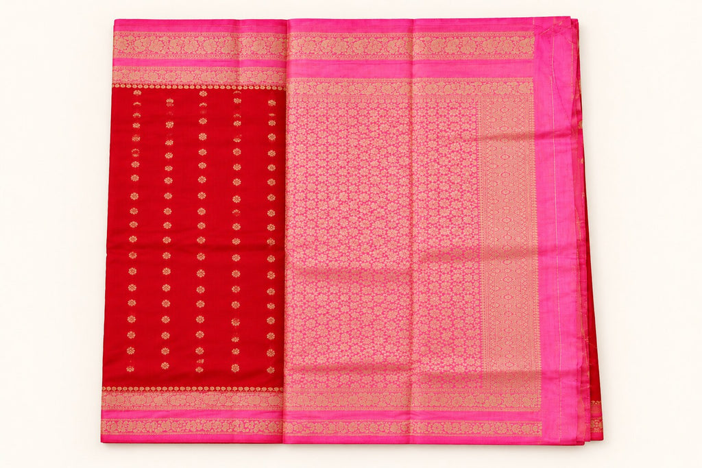Red Saree with Rani Pink Zari Jaal Pallu – full view