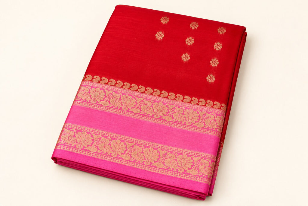 Red Saree with Rani Pink Floral Vine Border – border and motif detail