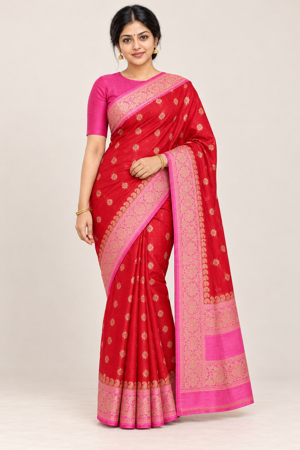 Red Saree with Rani Pink Floral Vine Border – worn