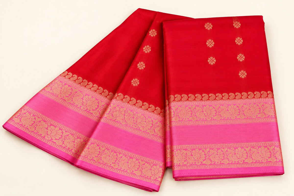 Red Saree with Rani Pink Floral Vine Border – full view