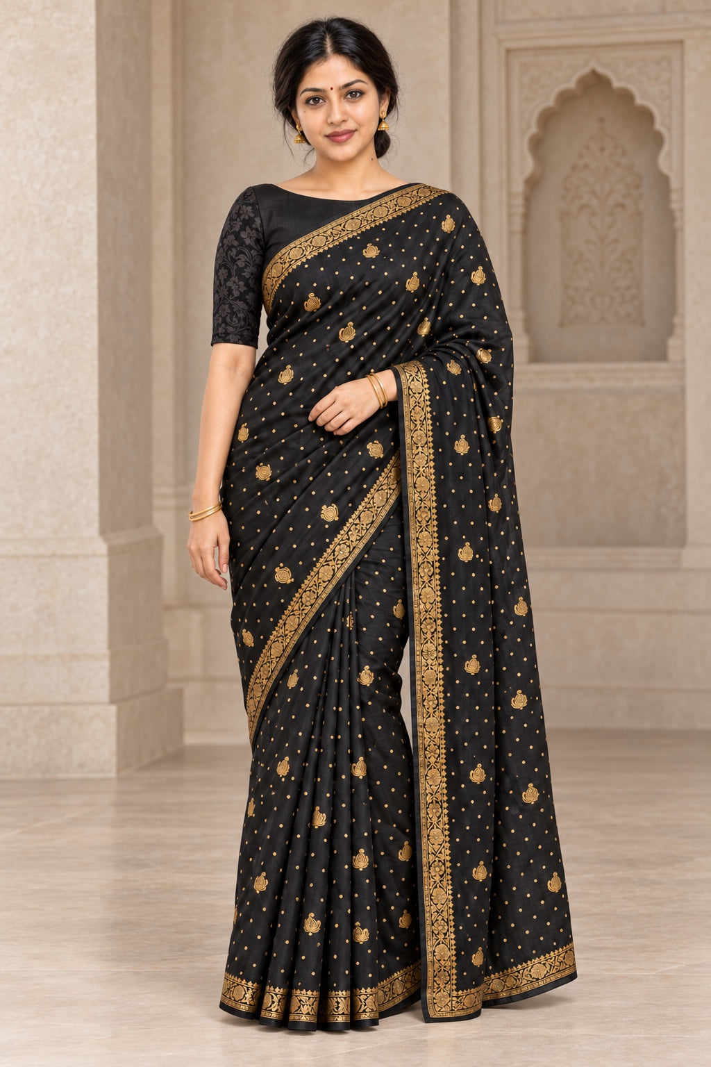 Black Saree with Gold Paisley Motifs – styled model photo