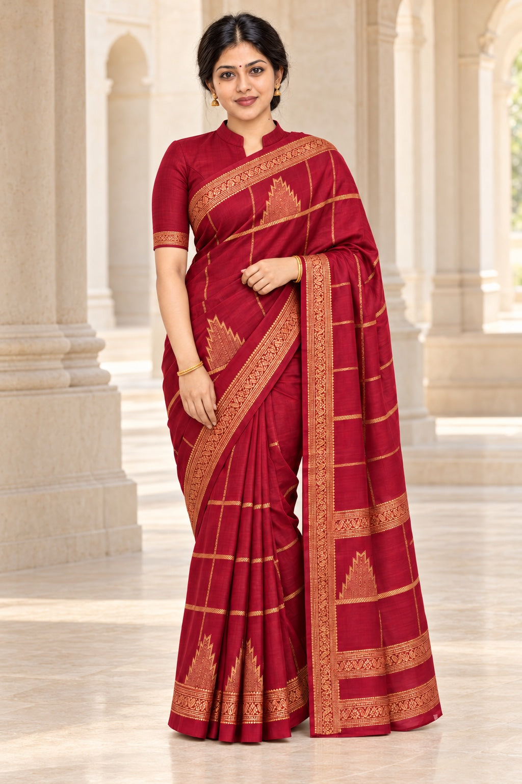 Crimson Saree with Gold Temple Motifs – styled model photo