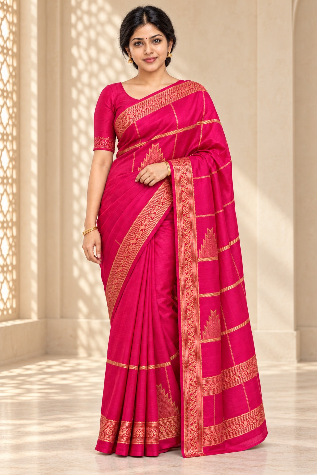 Rani Pink Saree with Gold Temple Motifs – styled model photo