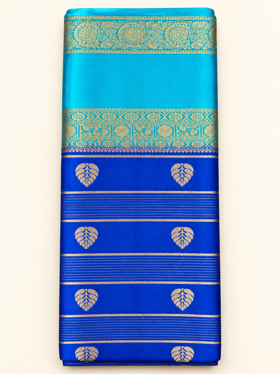 Royal Blue Peepal Leaf Saree with Sky Blue Border – border and motif detail