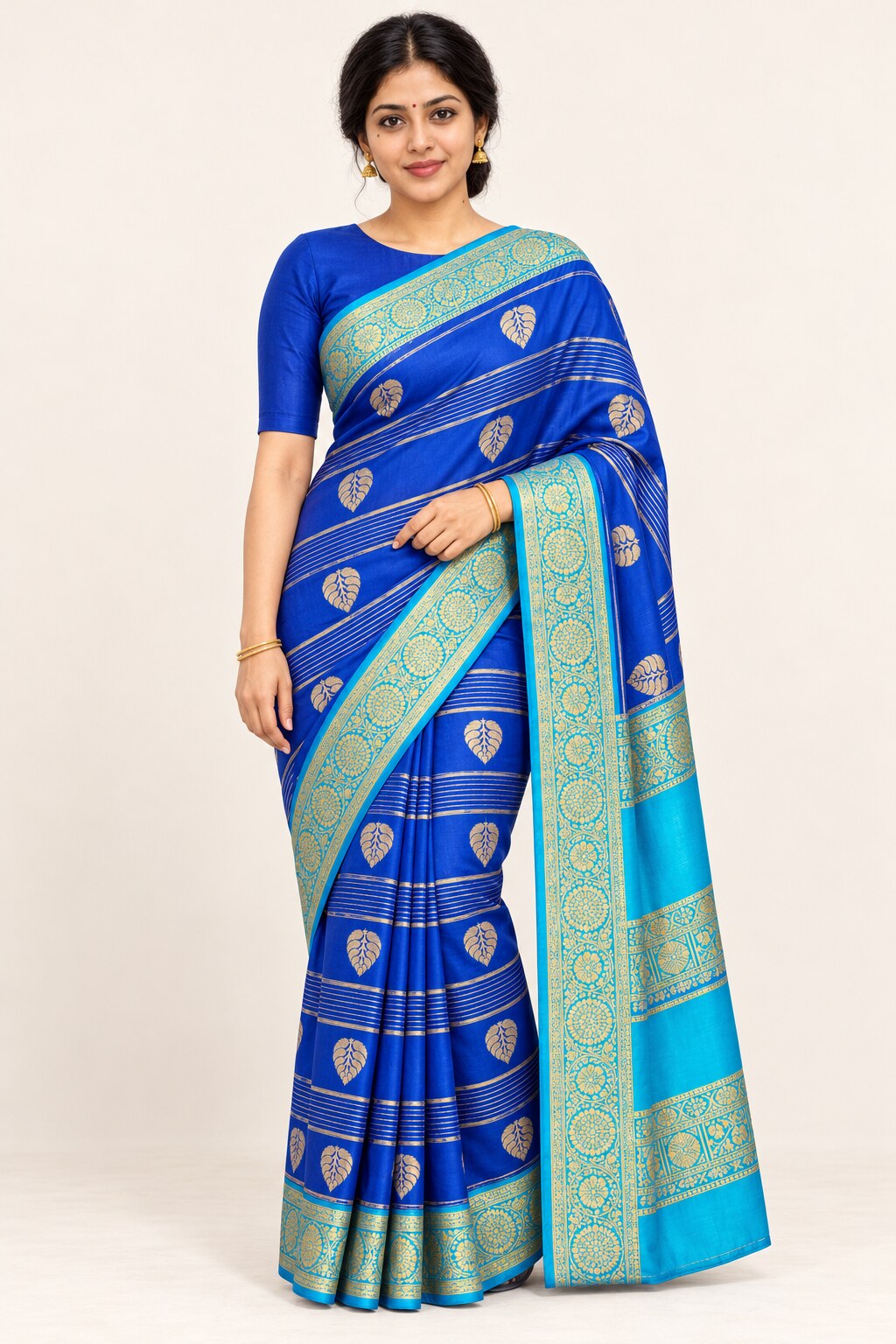 Royal Blue Peepal Leaf Saree with Sky Blue Border – worn