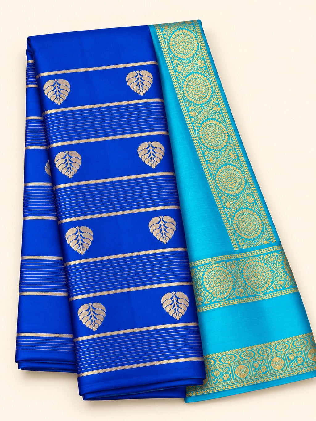 Royal Blue Peepal Leaf Saree with Sky Blue Border – full view