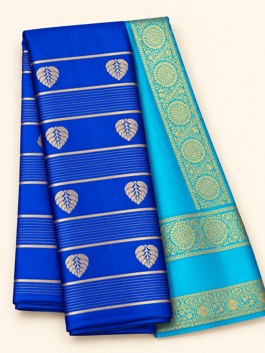 Royal Blue Peepal Leaf Saree with Sky Blue Border – full view