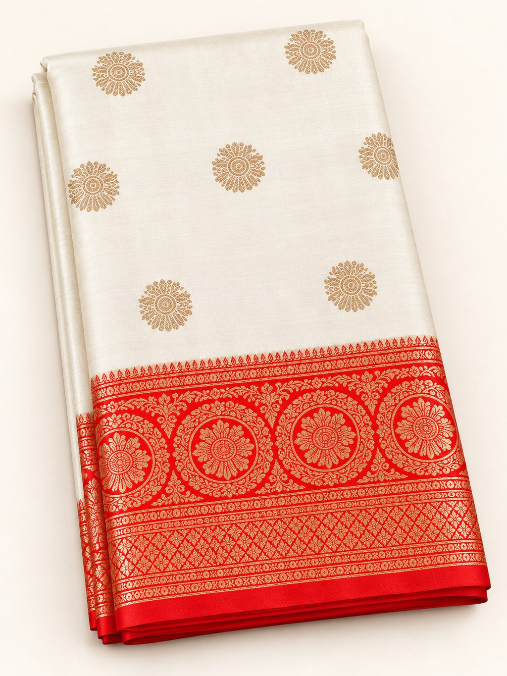 Ivory Mandala Butti Saree with Red Medallion Border – border and motif detail