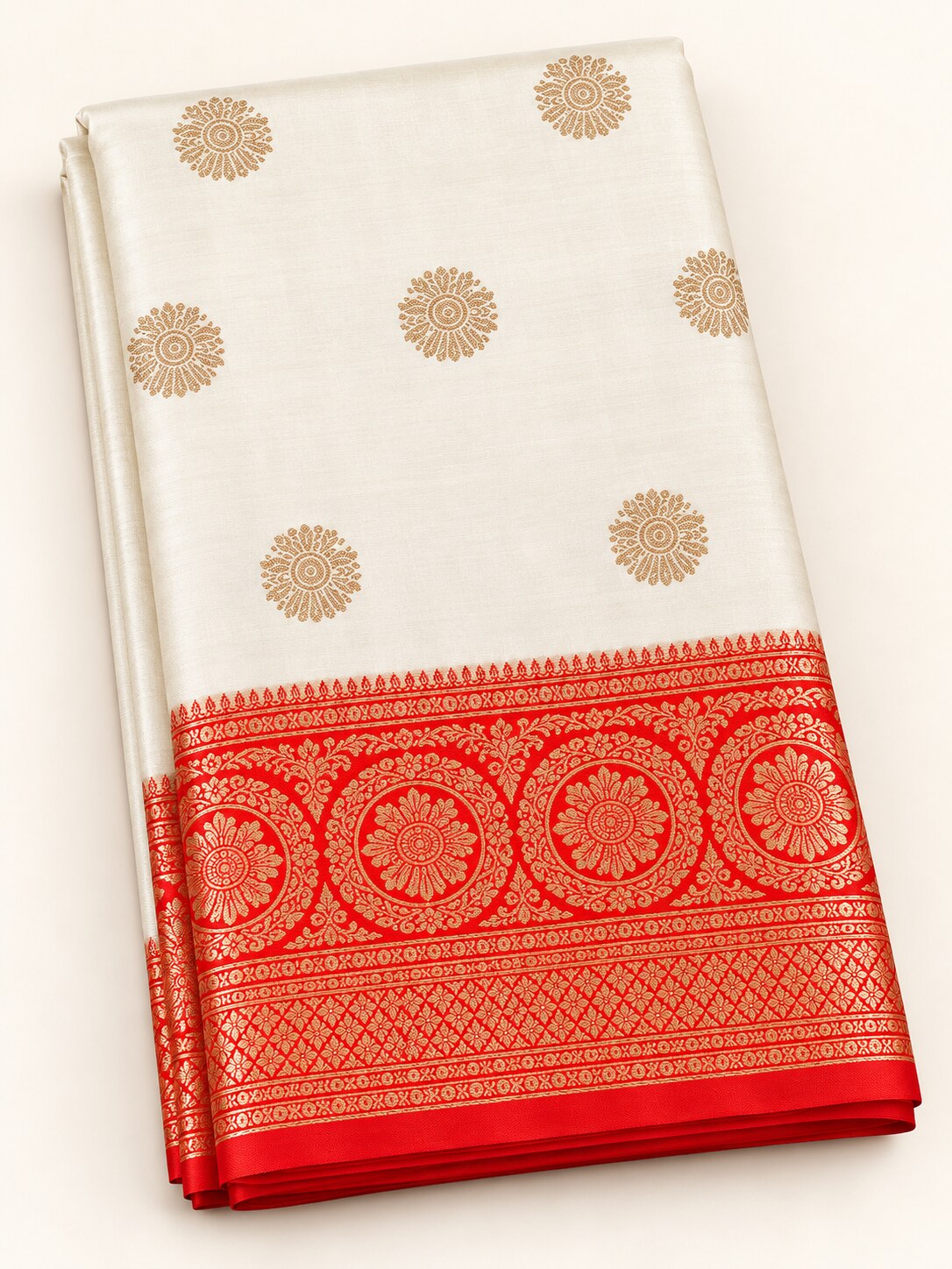Ivory Mandala Butti Saree with Red Medallion Border – border and motif detail