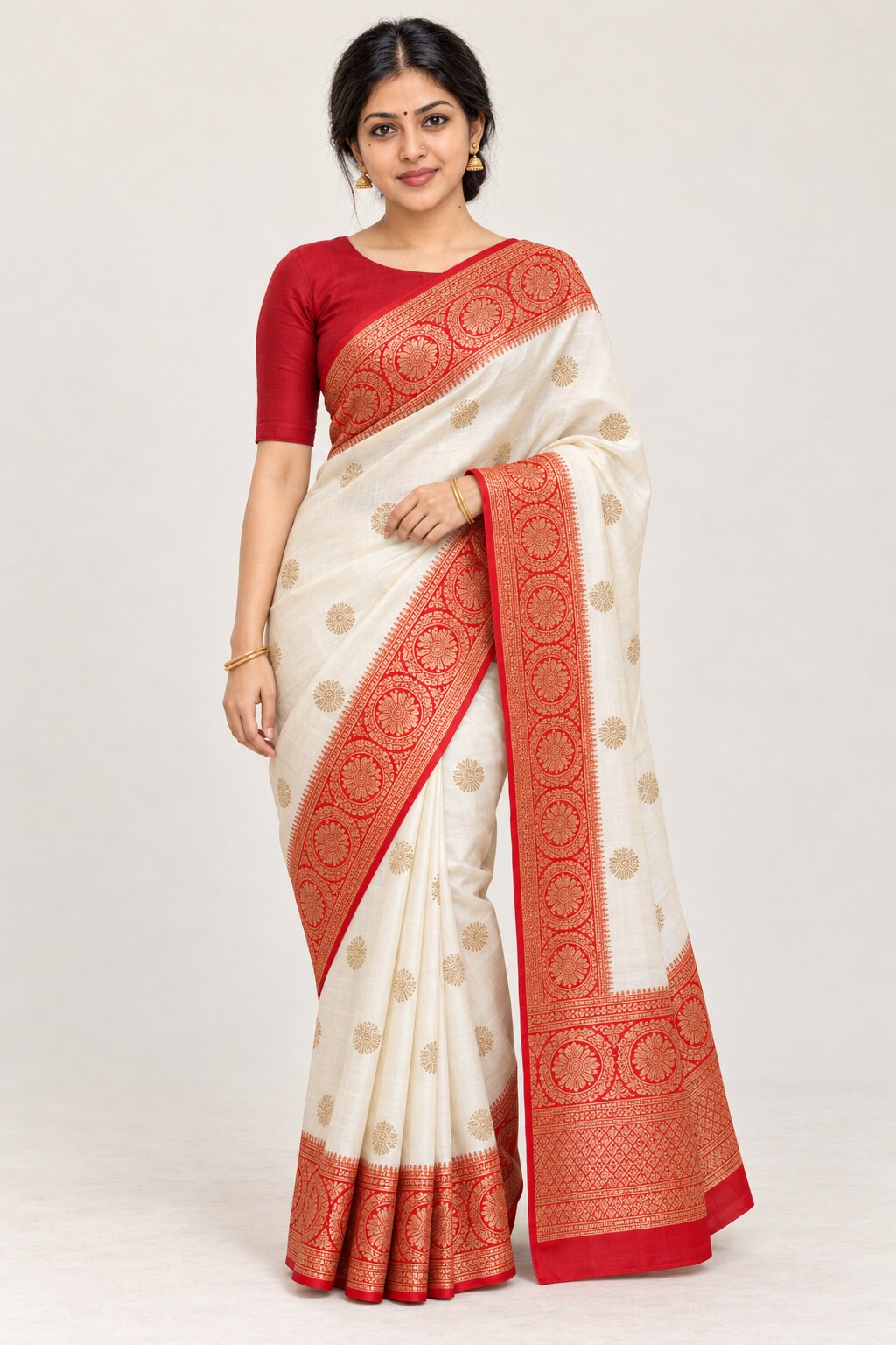 Ivory Mandala Butti Saree with Red Medallion Border – worn