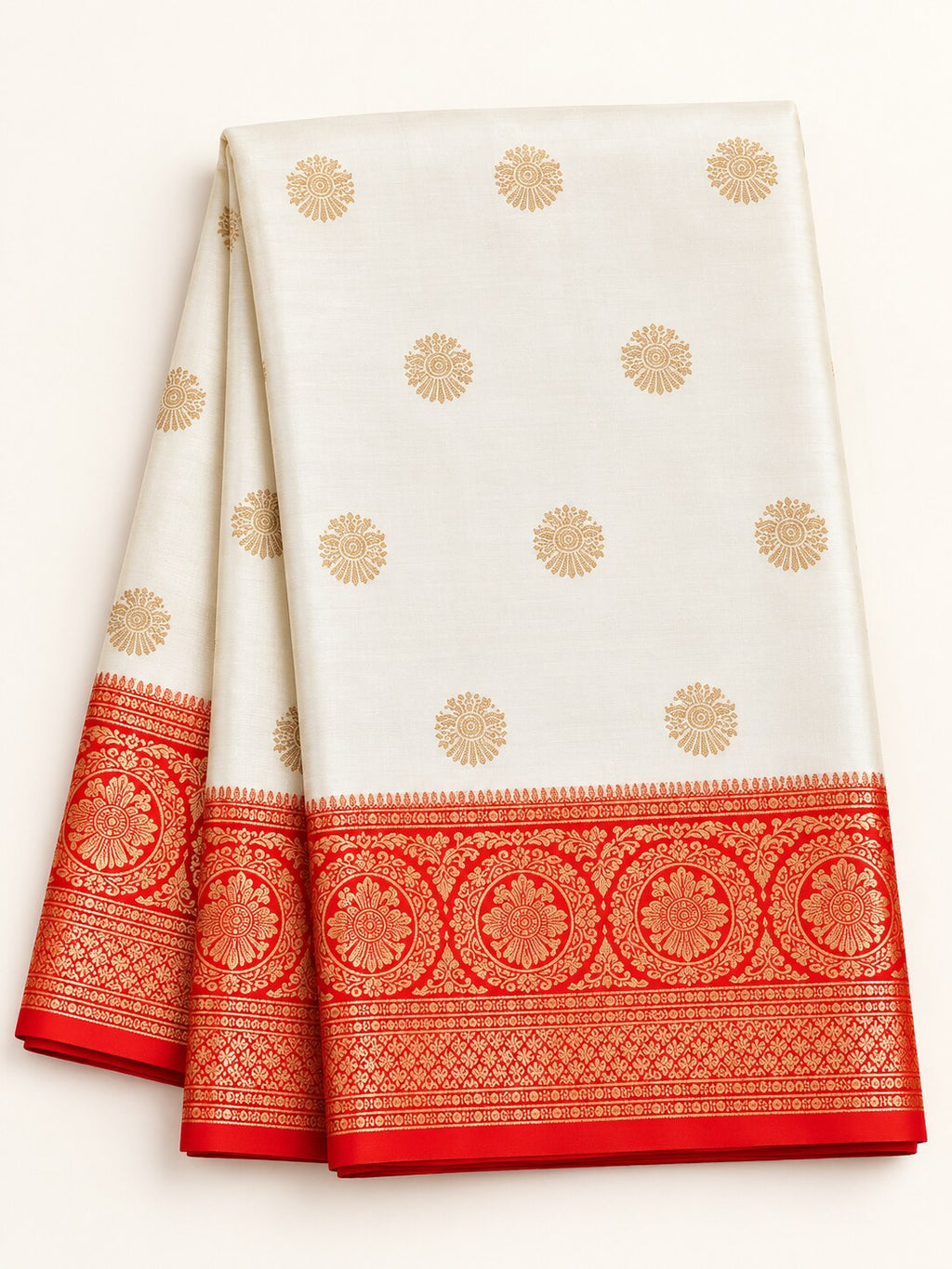 Ivory Mandala Butti Saree with Red Medallion Border – full view