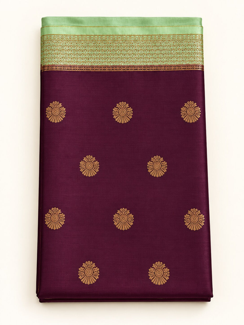 Aubergine Wine Saree with Mint Green Border – border and motif detail