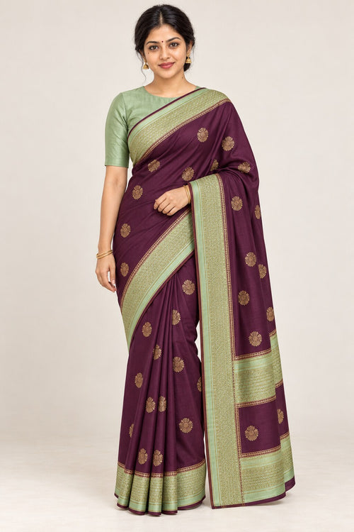 Aubergine Wine Saree with Mint Green Border – worn