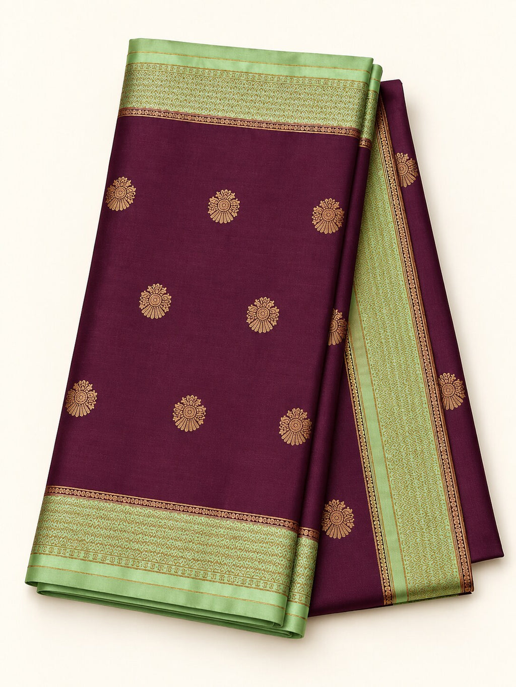 Aubergine Wine Saree with Mint Green Border – full view