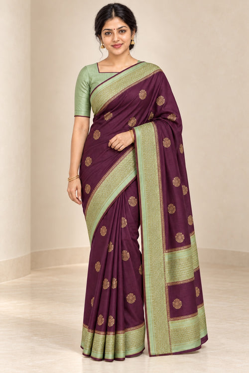 Aubergine Wine Saree with Mint Green Border – styled model photo