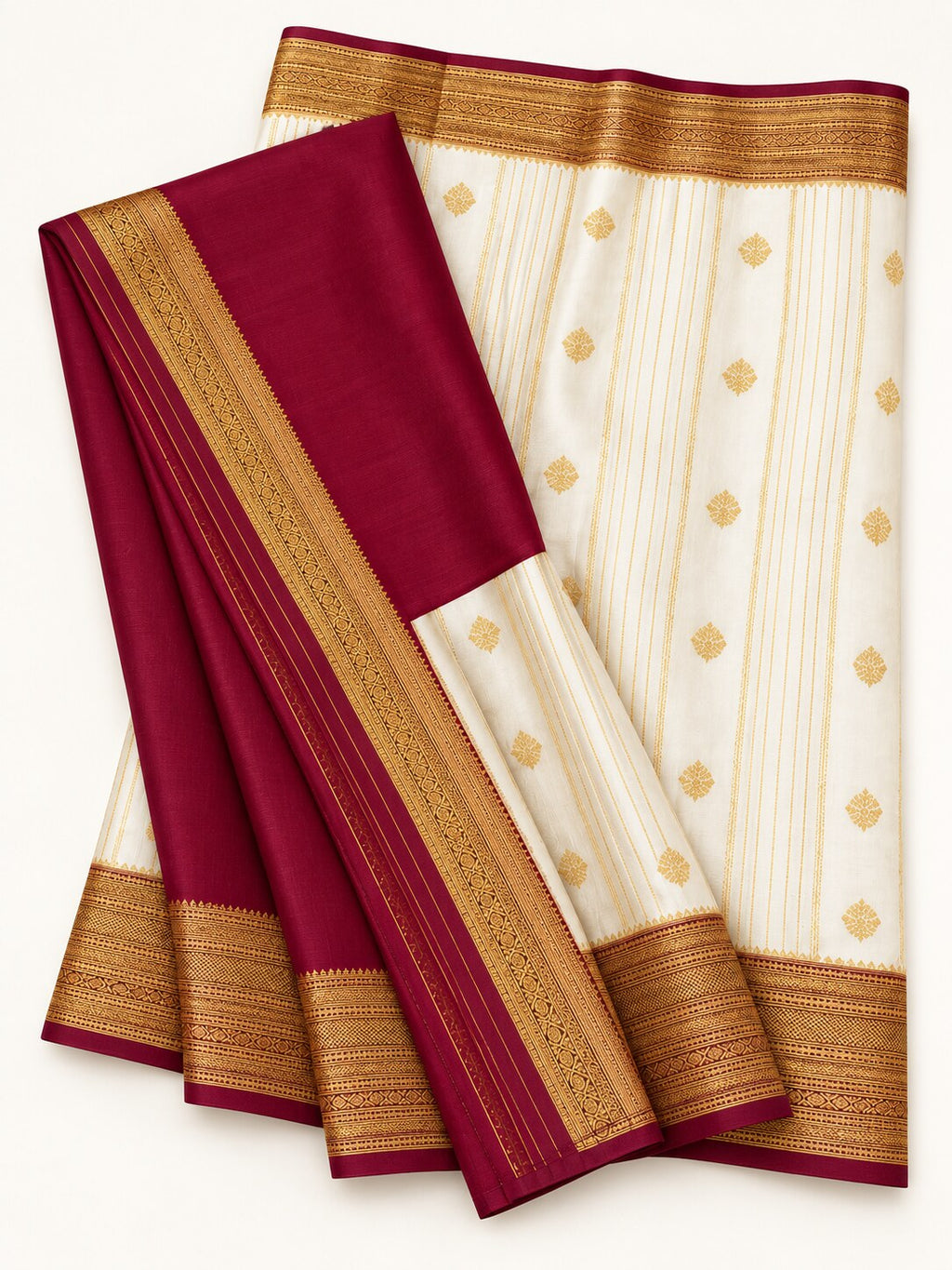 Ivory Zari Stripe Saree with Antique Gold & Maroon Border – border and motif detail