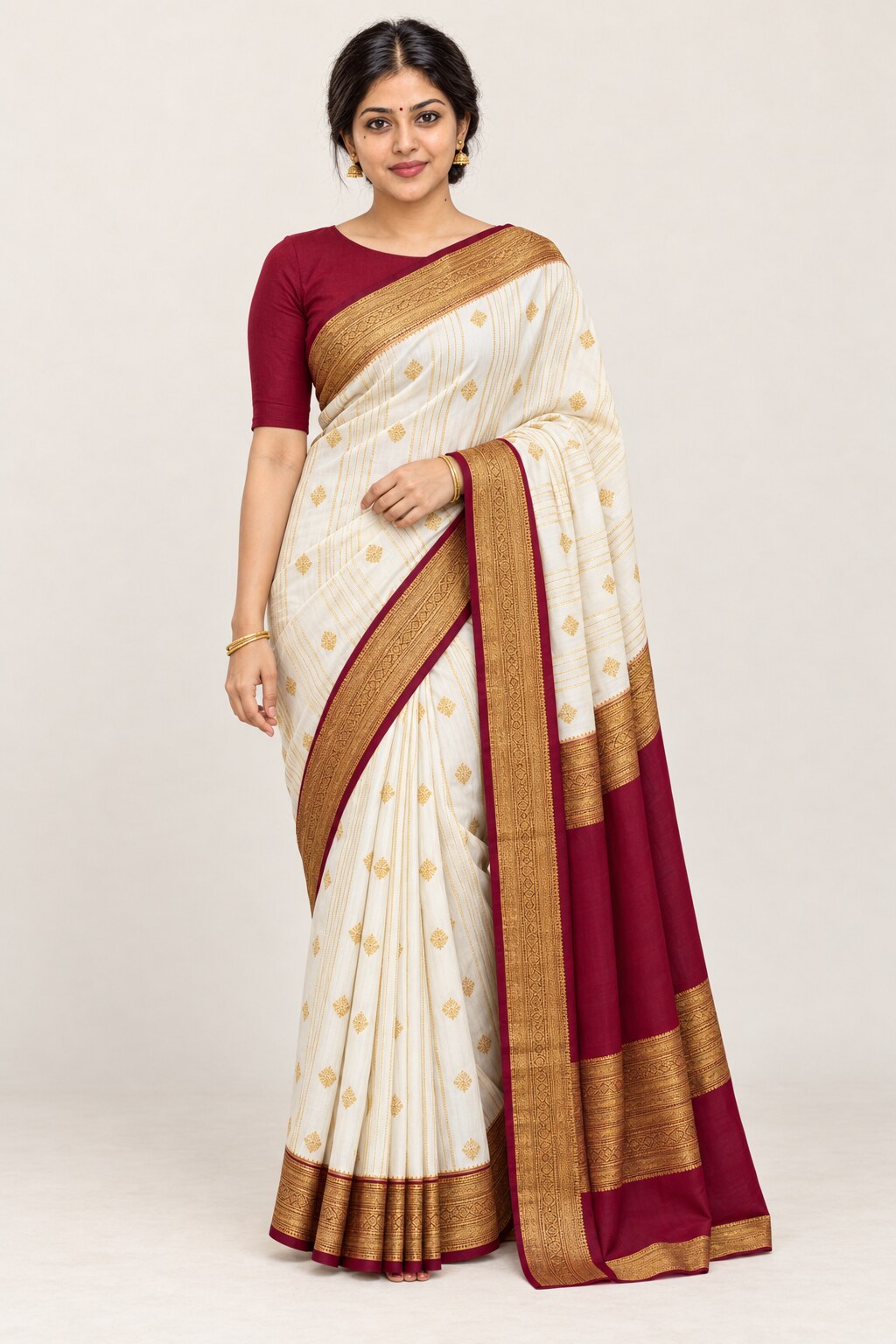 Ivory Zari Stripe Saree with Antique Gold & Maroon Border – worn