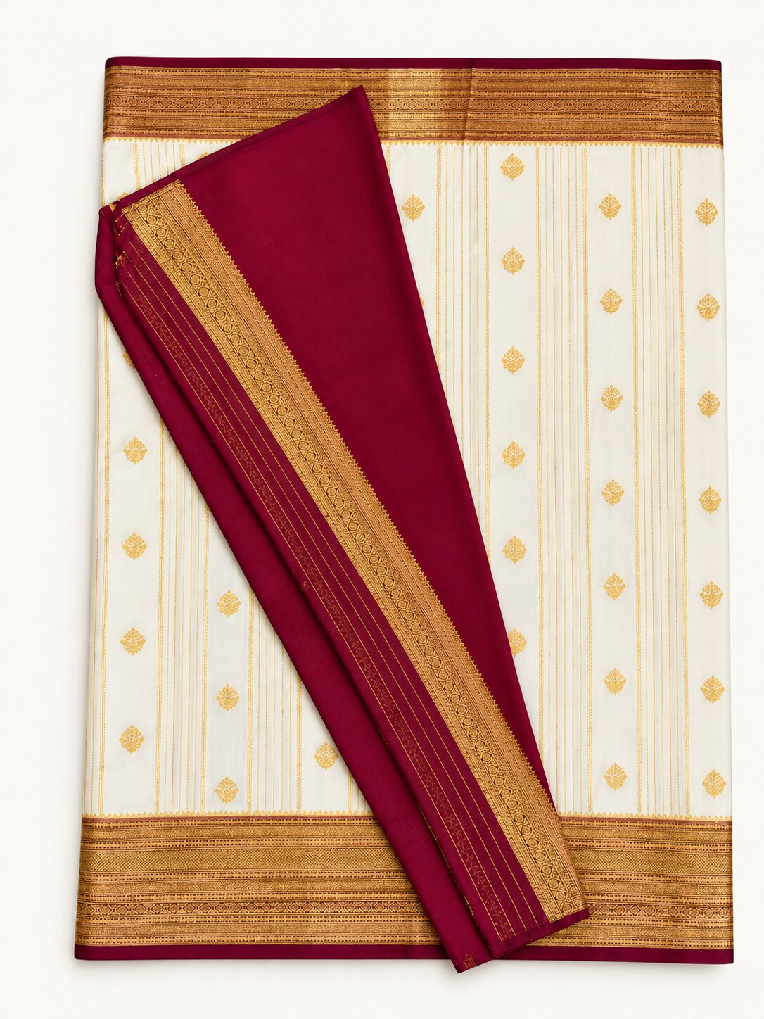 Ivory Zari Stripe Saree with Antique Gold & Maroon Border – full view